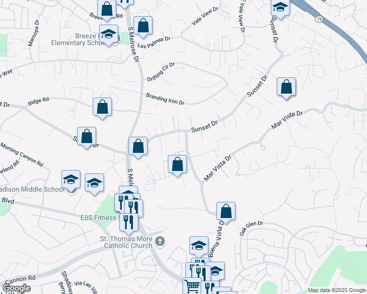 map of restaurants, bars, coffee shops, grocery stores, and more near 1037 Buena Vista Drive in Vista