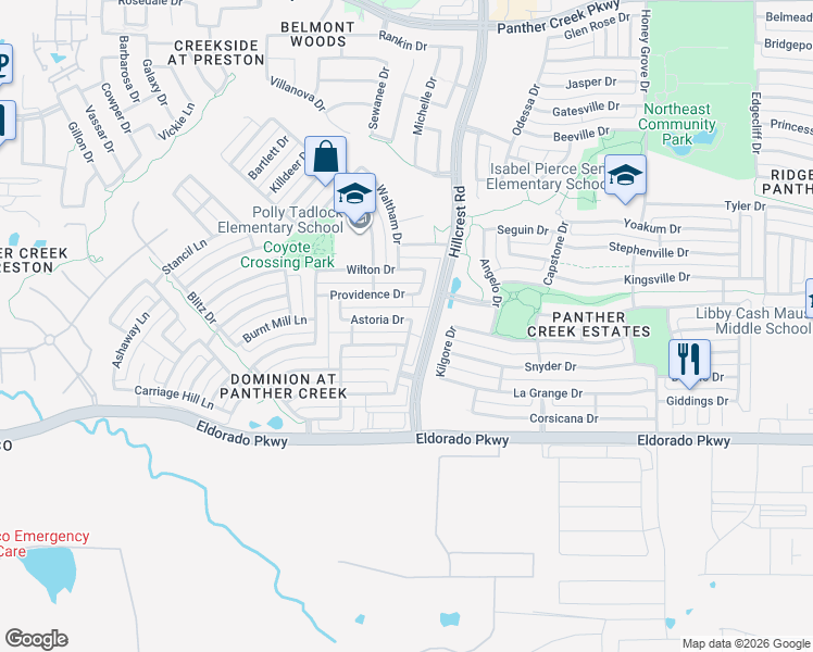 map of restaurants, bars, coffee shops, grocery stores, and more near 10768 Astoria Drive in Frisco