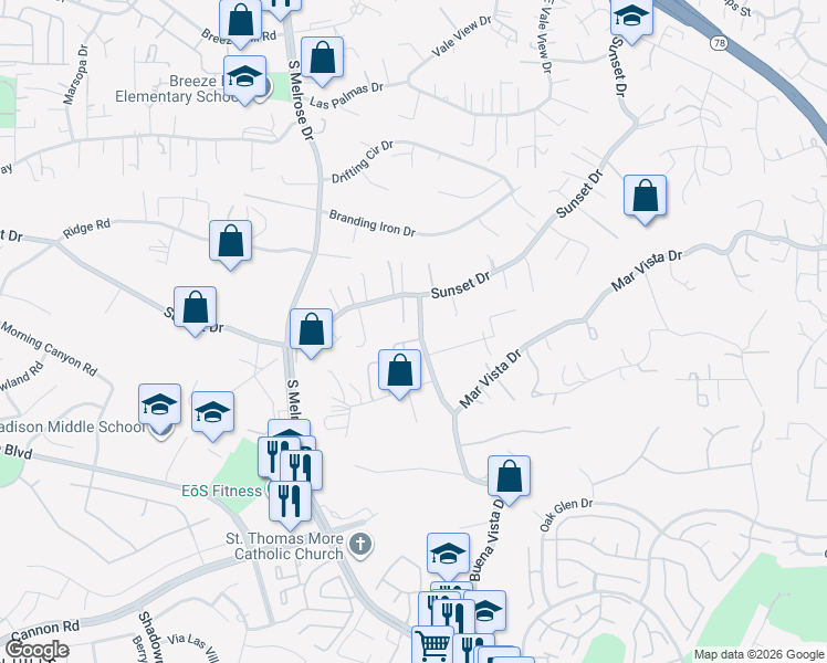 map of restaurants, bars, coffee shops, grocery stores, and more near 1037 Buena Vista Drive in Vista