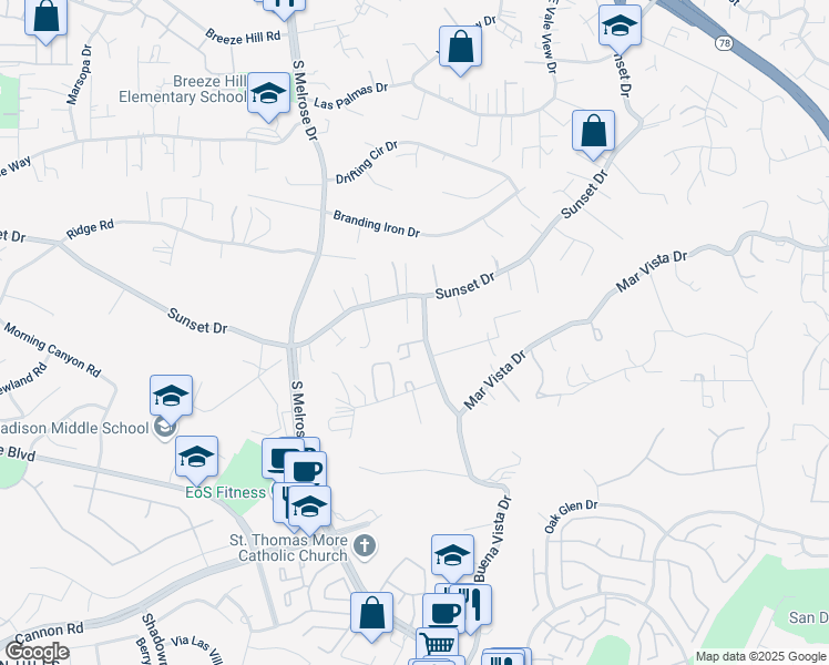 map of restaurants, bars, coffee shops, grocery stores, and more near 1047 Buena Vista Drive in Vista