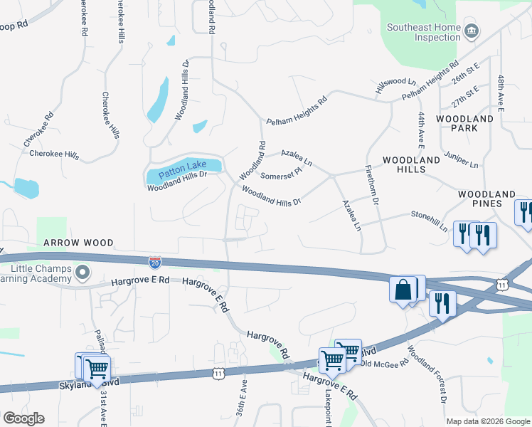 map of restaurants, bars, coffee shops, grocery stores, and more near 3851 Stafford Place in Tuscaloosa