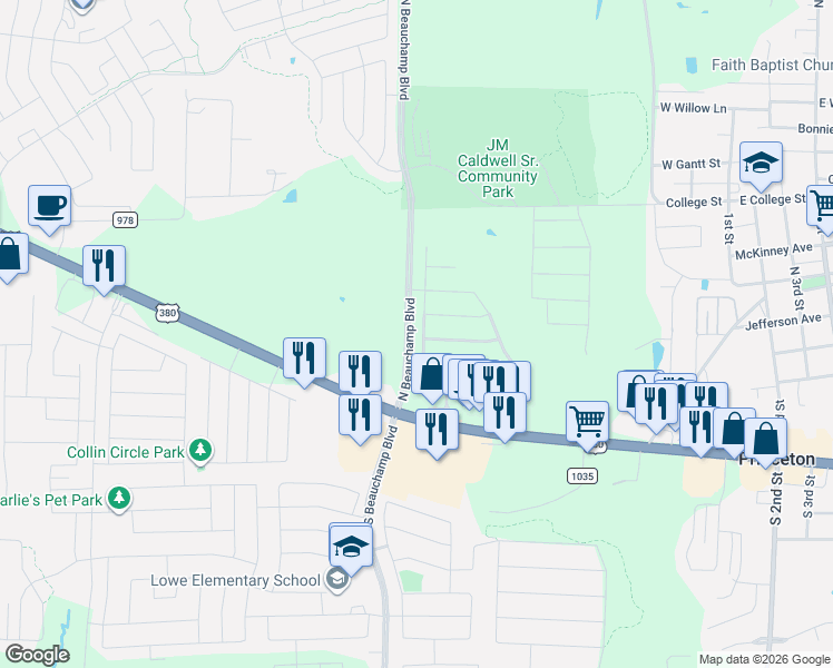 map of restaurants, bars, coffee shops, grocery stores, and more near 729 Cedar Cove Drive in Princeton