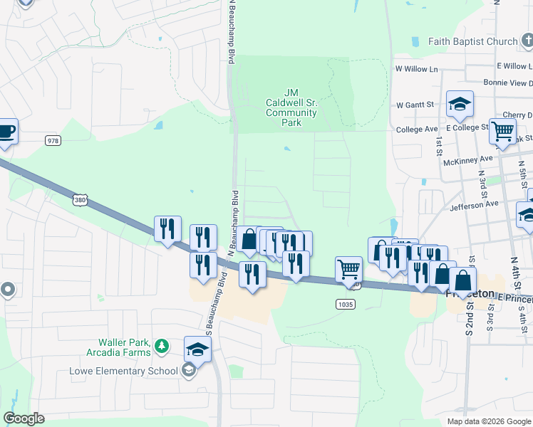 map of restaurants, bars, coffee shops, grocery stores, and more near 315 Crosscreek Drive in Princeton