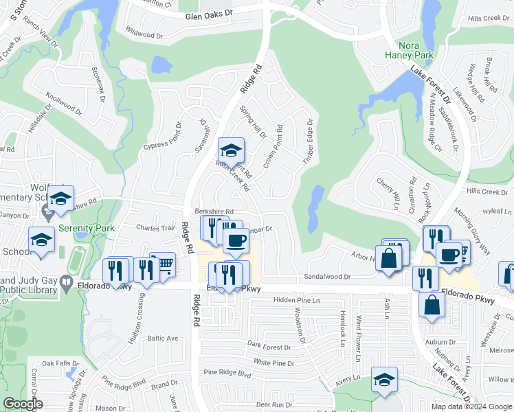 map of restaurants, bars, coffee shops, grocery stores, and more near Rush Creek Road in McKinney