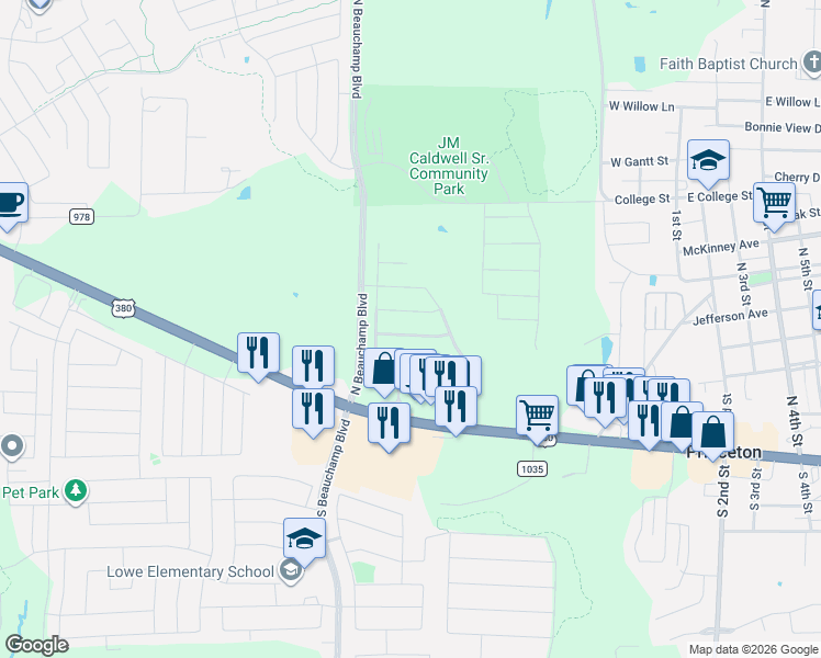 map of restaurants, bars, coffee shops, grocery stores, and more near 315 Crosscreek Drive in Princeton