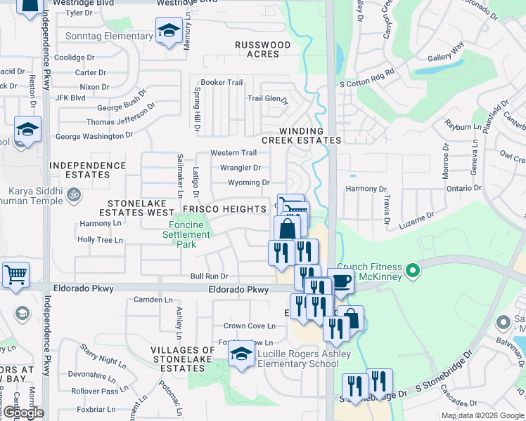 map of restaurants, bars, coffee shops, grocery stores, and more near 15858 Durango Drive in Frisco
