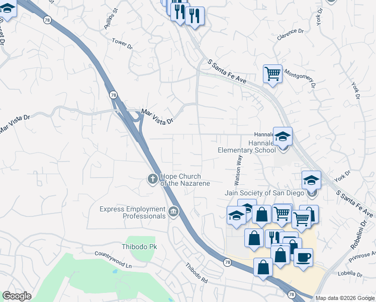 map of restaurants, bars, coffee shops, grocery stores, and more near 1651 Avocado Drive in Vista