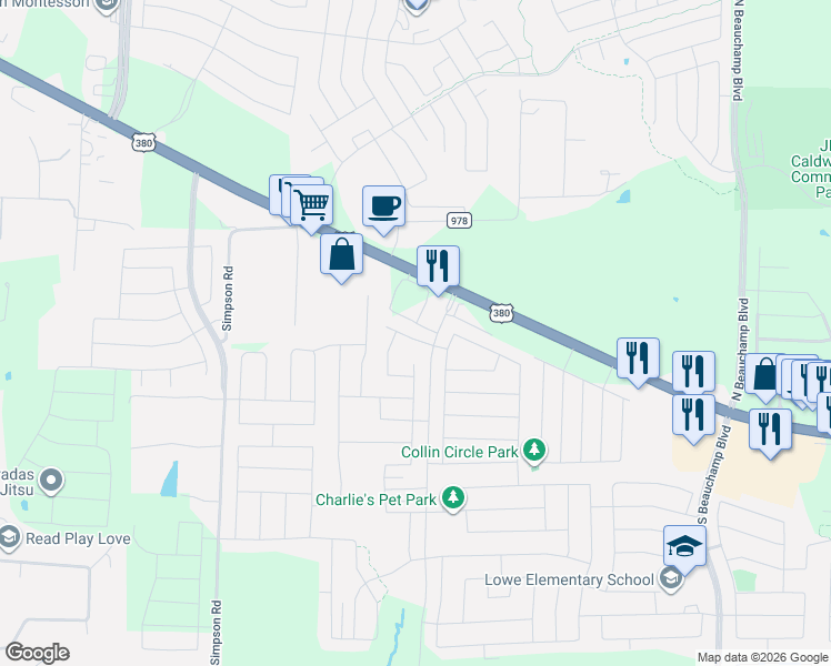 map of restaurants, bars, coffee shops, grocery stores, and more near 1400 Shumard Drive in Princeton