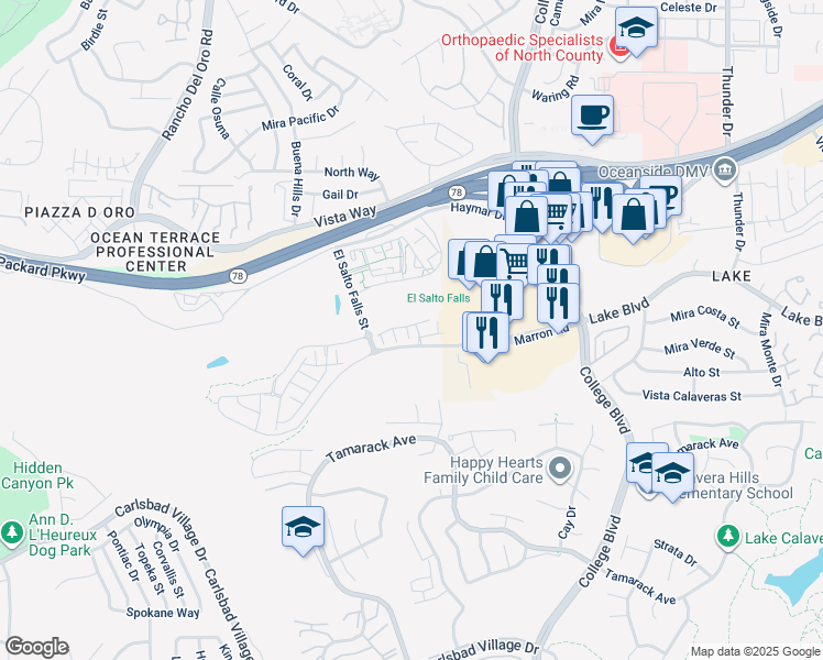 map of restaurants, bars, coffee shops, grocery stores, and more near 3328 Campo Azul Court in Carlsbad