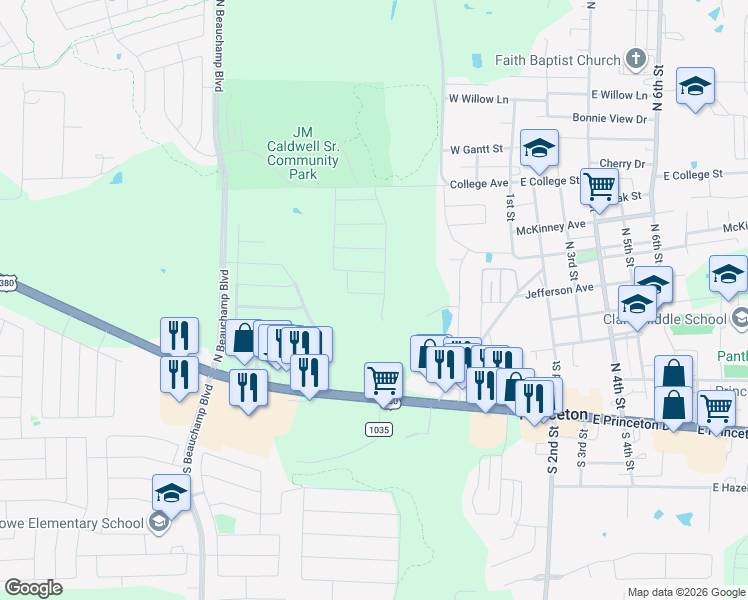 map of restaurants, bars, coffee shops, grocery stores, and more near Running Brook Drive in Princeton