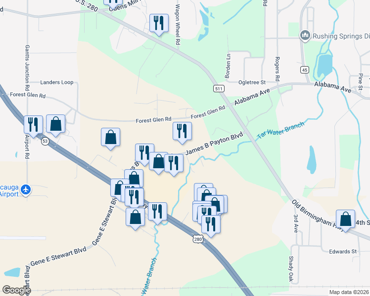 map of restaurants, bars, coffee shops, grocery stores, and more near 395 James B Payton Boulevard in Sylacauga