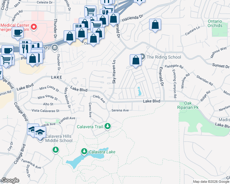 map of restaurants, bars, coffee shops, grocery stores, and more near 4306 Shady Lane in Oceanside