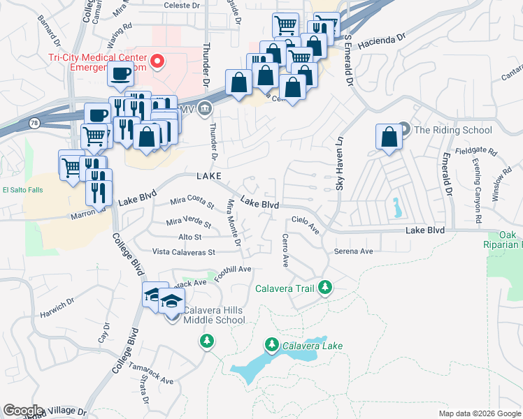 map of restaurants, bars, coffee shops, grocery stores, and more near 3601 Del Cero Avenue in Oceanside