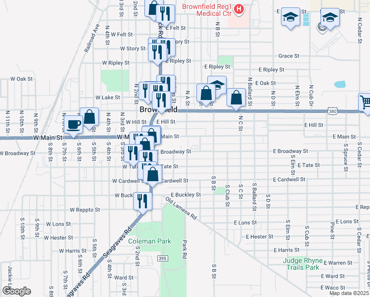map of restaurants, bars, coffee shops, grocery stores, and more near in Brownfield