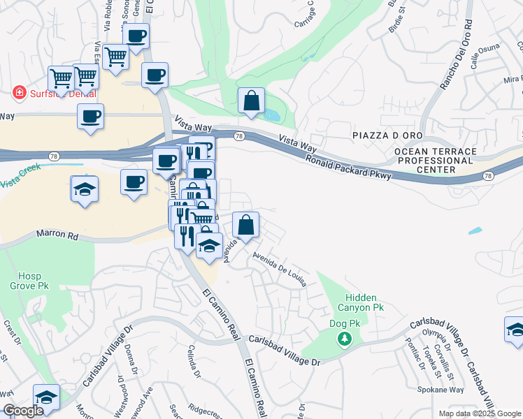 map of restaurants, bars, coffee shops, grocery stores, and more near 2552 Marron Road in Carlsbad
