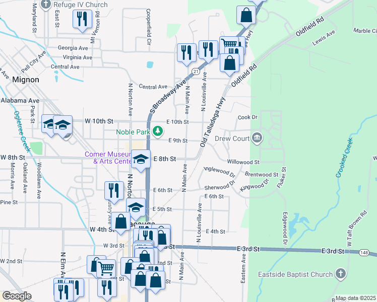 map of restaurants, bars, coffee shops, grocery stores, and more near 806 North Main Avenue in Sylacauga