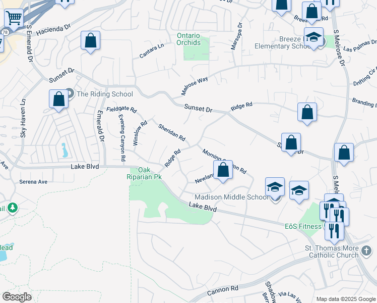 map of restaurants, bars, coffee shops, grocery stores, and more near 3568 Ridge Road in Oceanside