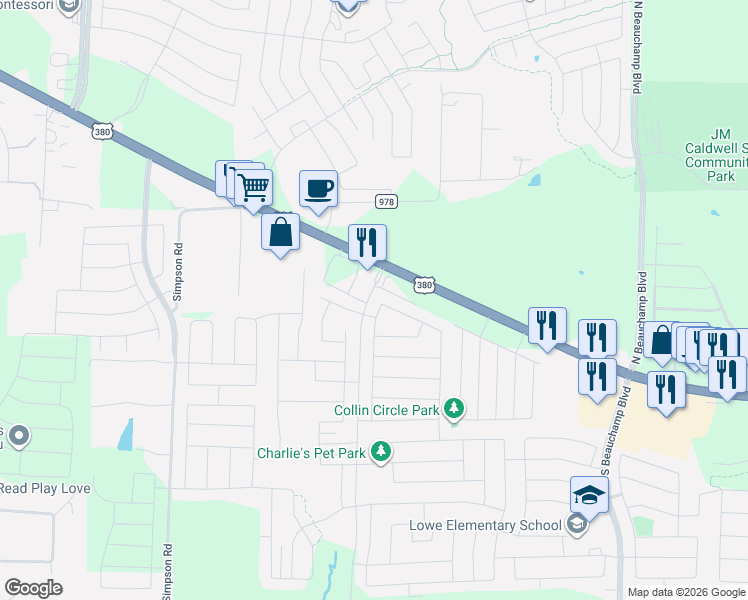 map of restaurants, bars, coffee shops, grocery stores, and more near 200 Lavaca Drive in Princeton