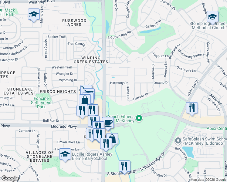 map of restaurants, bars, coffee shops, grocery stores, and more near 2605 Swan Drive in McKinney
