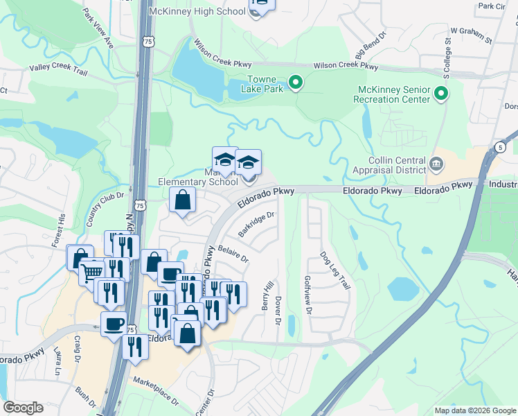 map of restaurants, bars, coffee shops, grocery stores, and more near 1016 Ridgecrest Drive in McKinney