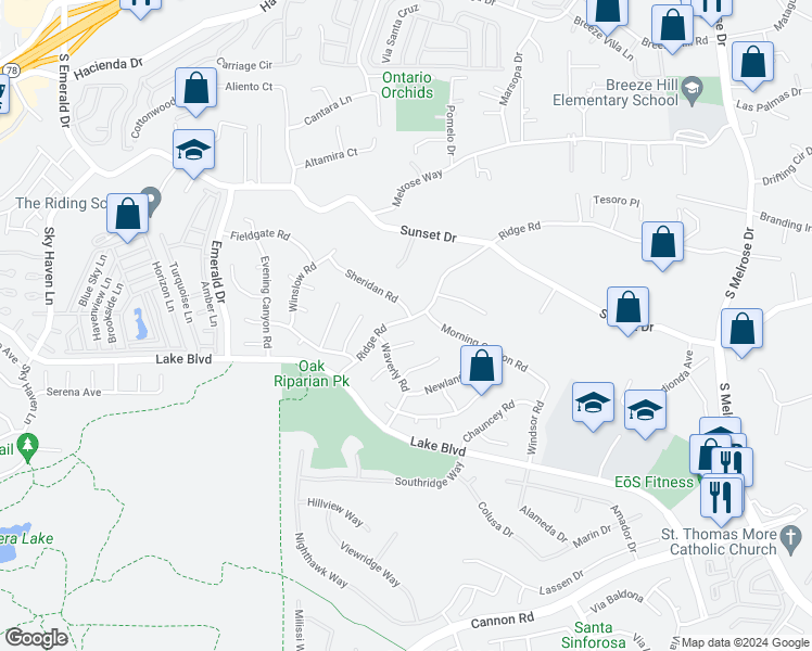 map of restaurants, bars, coffee shops, grocery stores, and more near 3568 Ridge Road in Oceanside