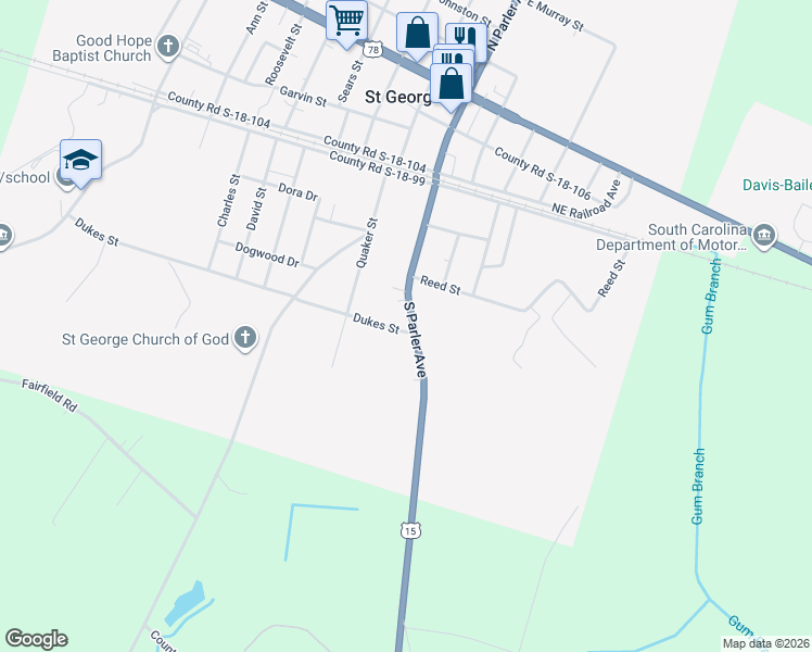 map of restaurants, bars, coffee shops, grocery stores, and more near 100 Dukes Street in Saint George