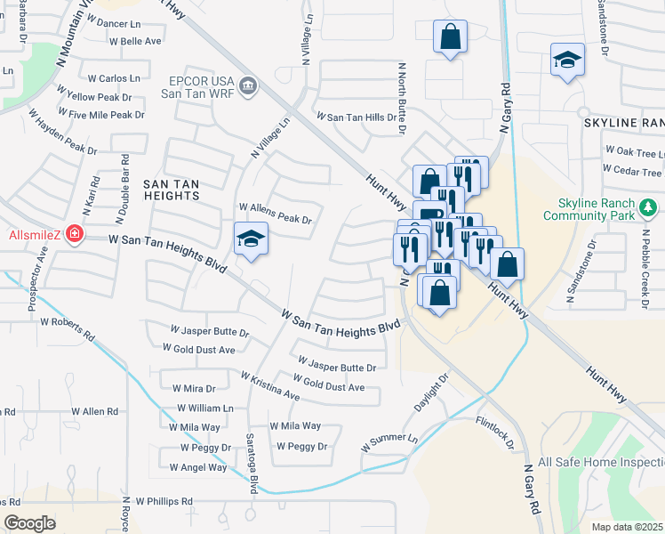 map of restaurants, bars, coffee shops, grocery stores, and more near 2183 West Tanner Ranch Road in Queen Creek
