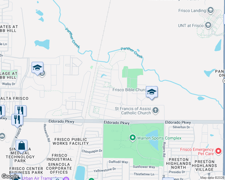 map of restaurants, bars, coffee shops, grocery stores, and more near 7447 Switchgrass Road in Frisco