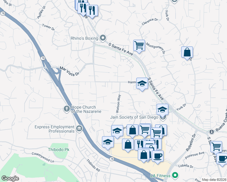 map of restaurants, bars, coffee shops, grocery stores, and more near 248 Hannalei Drive in Vista