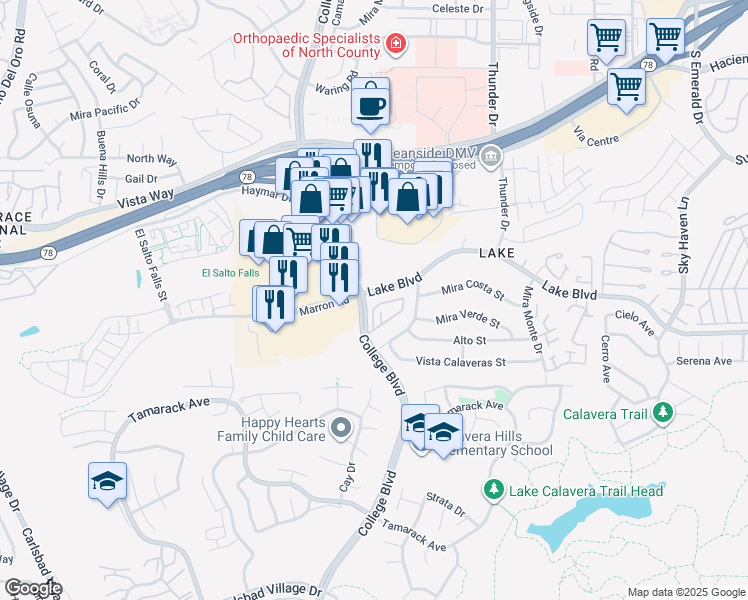 map of restaurants, bars, coffee shops, grocery stores, and more near 3505 Lake Boulevard in Oceanside