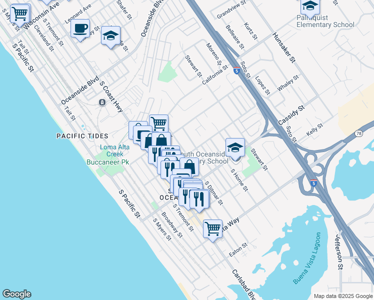 map of restaurants, bars, coffee shops, grocery stores, and more near 1646 South Ditmar Street in Oceanside