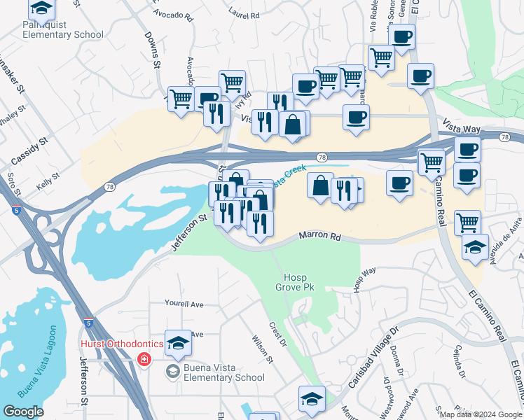map of restaurants, bars, coffee shops, grocery stores, and more near 1838 Marron Road in Carlsbad
