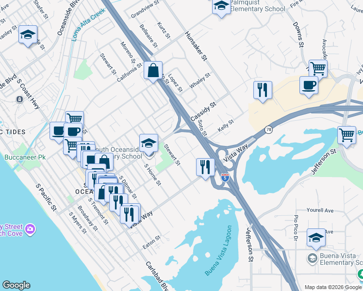 map of restaurants, bars, coffee shops, grocery stores, and more near 1822 South Burroughs Street in Oceanside