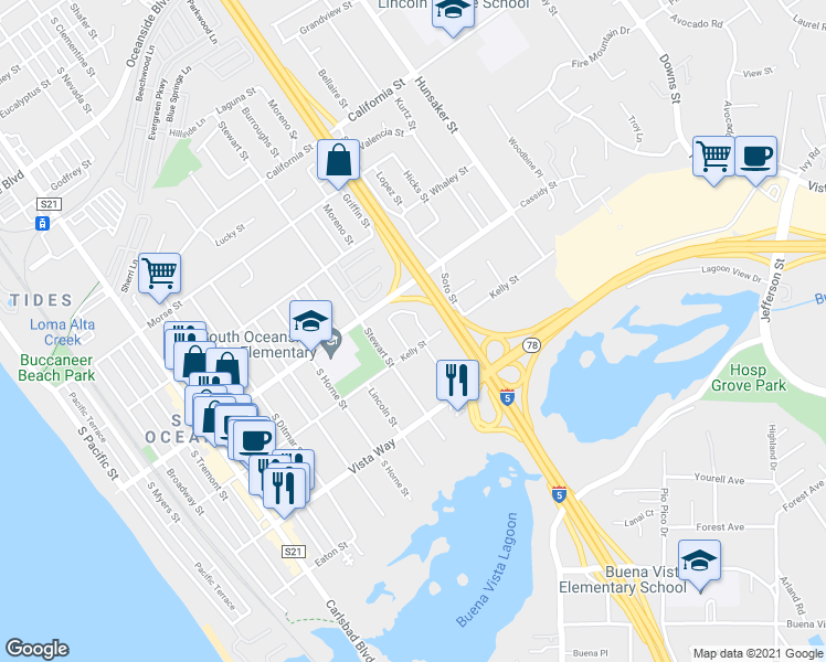 map of restaurants, bars, coffee shops, grocery stores, and more near 1825 South Moreno Street in Oceanside