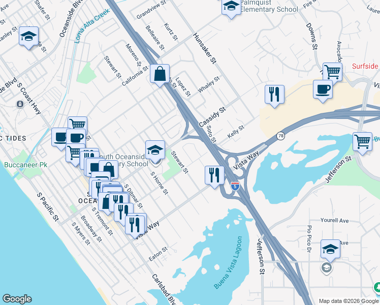 map of restaurants, bars, coffee shops, grocery stores, and more near 1825 South Moreno Street in Oceanside
