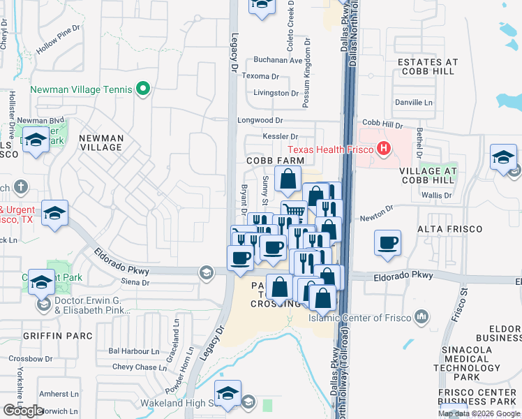 map of restaurants, bars, coffee shops, grocery stores, and more near 12115 Sunny Street in Frisco