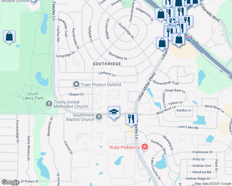 map of restaurants, bars, coffee shops, grocery stores, and more near 907 Smokerise Circle in Denton