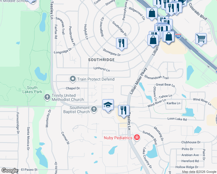 map of restaurants, bars, coffee shops, grocery stores, and more near 907 Smokerise Circle in Denton