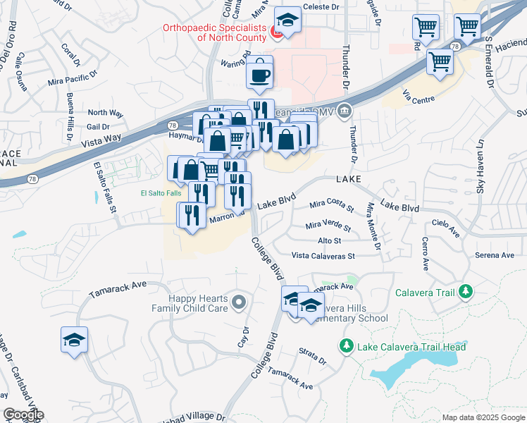 map of restaurants, bars, coffee shops, grocery stores, and more near 3634 College Boulevard in Oceanside