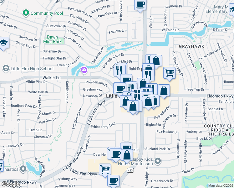 map of restaurants, bars, coffee shops, grocery stores, and more near E Eldorado Pkwy & Walker Ln in Little Elm