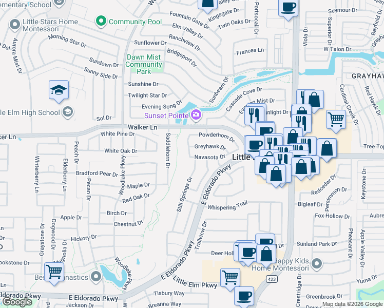 map of restaurants, bars, coffee shops, grocery stores, and more near 2605 Navasota Drive in Little Elm