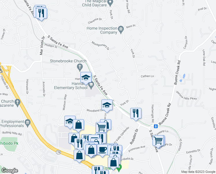 map of restaurants, bars, coffee shops, grocery stores, and more near 1758 South Santa Fe Avenue in Vista