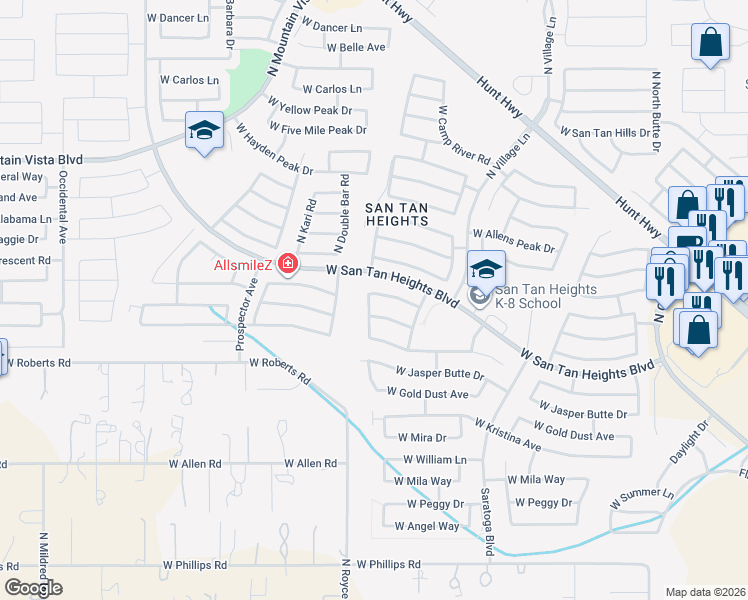 map of restaurants, bars, coffee shops, grocery stores, and more near 3015 West White Canyon Road in Queen Creek