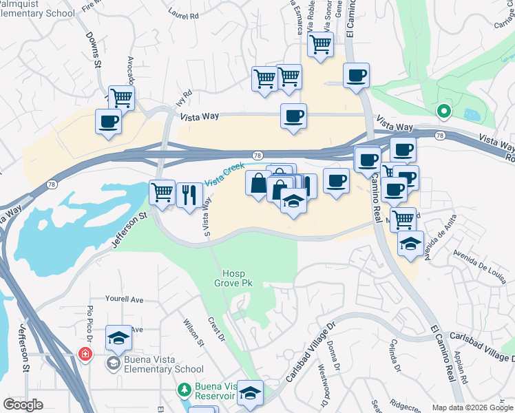 map of restaurants, bars, coffee shops, grocery stores, and more near 2561 El Camino Real in Carlsbad
