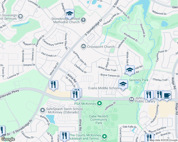 map of restaurants, bars, coffee shops, grocery stores, and more near 7312 Chadwick Drive in McKinney