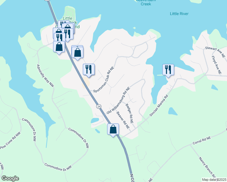 map of restaurants, bars, coffee shops, grocery stores, and more near 105B Sportsman Trail Northeast in Milledgeville