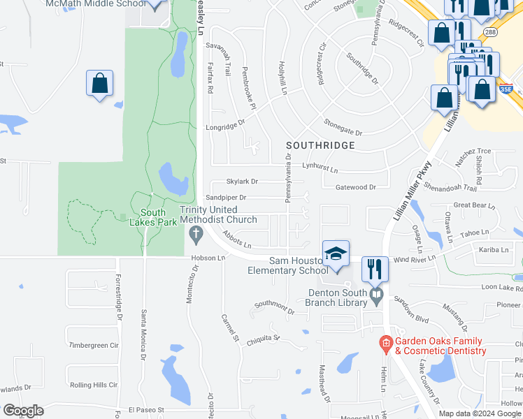 map of restaurants, bars, coffee shops, grocery stores, and more near 917 Chapel Drive in Denton