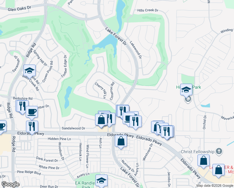 map of restaurants, bars, coffee shops, grocery stores, and more near 2114 Rock Wood Lane in McKinney