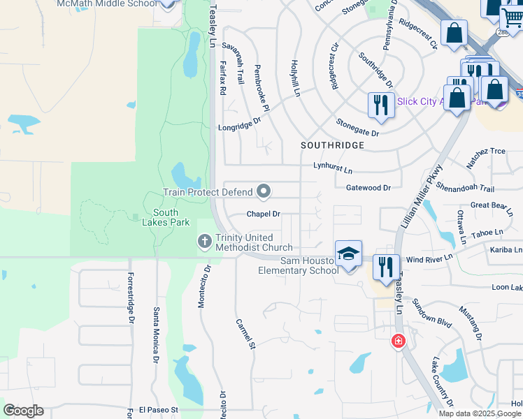 map of restaurants, bars, coffee shops, grocery stores, and more near 819 Chapel Drive in Denton