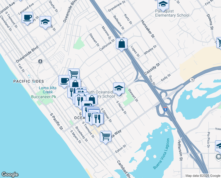 map of restaurants, bars, coffee shops, grocery stores, and more near 1724 South Horne Street in Oceanside